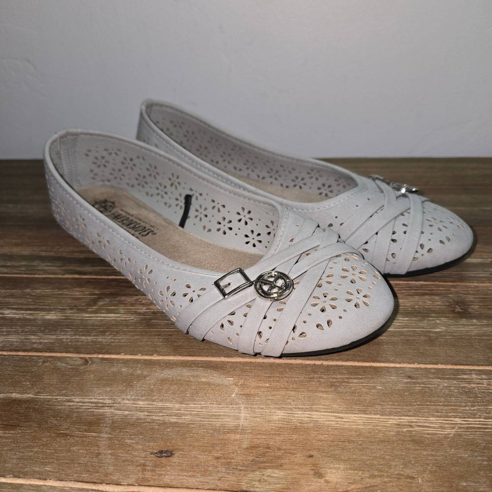 Harborsides Womens 8.5W Gray Perforated Memory Foam Flats Buckle Detail